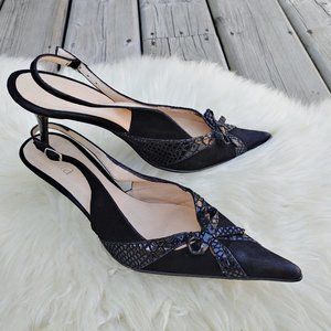 Black Suede with Leather Details Cut-out Pointed-Toe Slingback Pumps